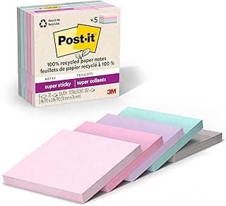 Post-it 100% Recycled Paper Super Sticky Notes, 3 in. x 3 in., 5 Pads, 70 Sheets per Pad, Wanderlust Pastels, School Supplies and Office Pr...